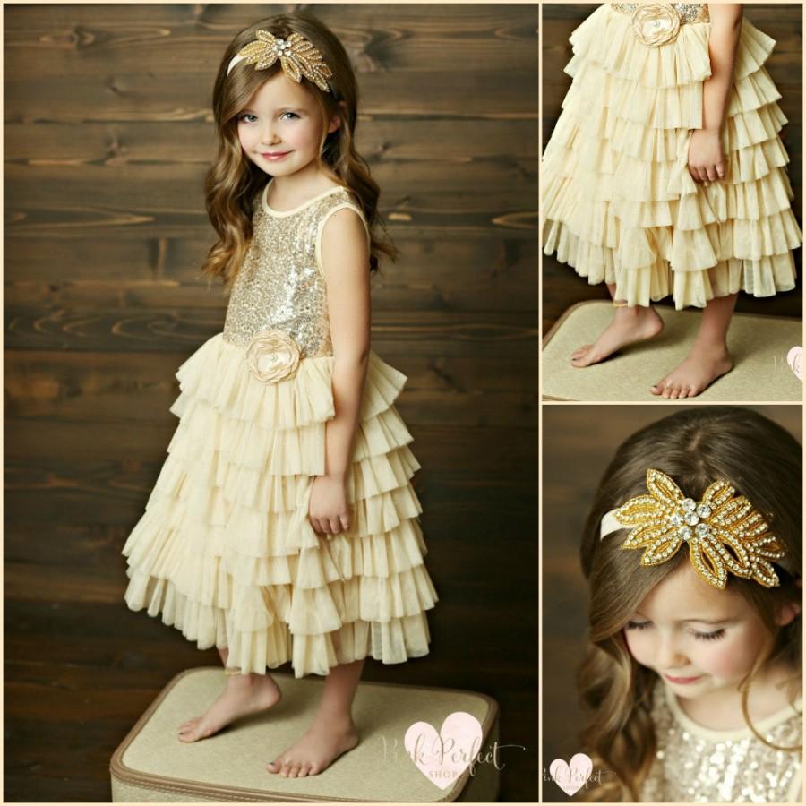 Wedding - Flower Girl Dress, Girls Dress country flower girl, rustic flower girl dress, Gold girls dress, Tulle Dress, Easter Dress, Ivory Gold dress
