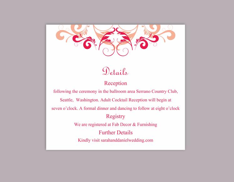 Wedding - DIY Wedding Details Card Template Editable Word File Instant Download Printable Details Card Peach Pink Details Card Elegant Enclosure Cards