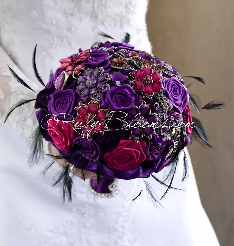 Hochzeit - Black Purple Wedding Brooch Bouquet. “Purple Black Renaissance” Purple Plum Brooch Bouquet. Crystal Bridal Broach Bouquet, by Ruby Blooms