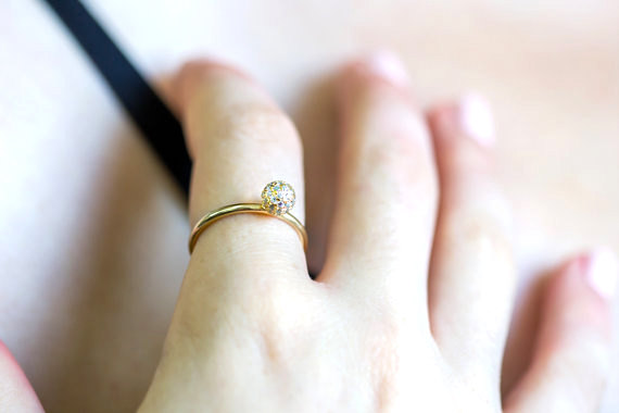Wedding - White Diamond Engagement Ring 14k Gold- White Diamond ring- Gold & diamond ball ring -Geometric gold Ring- Bridal ring-Free express shipping