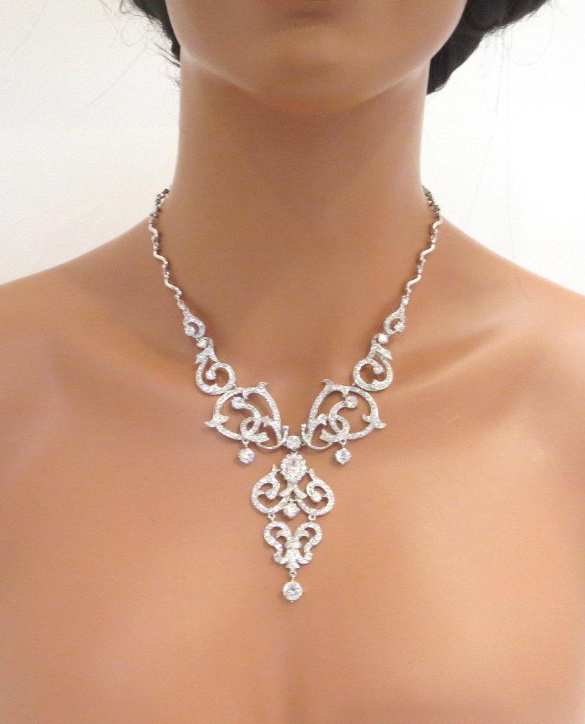 Wedding - Bridal necklace, Crystal necklace, Bridal jewelry, Cubic zirconia wedding jewelry, Rhinestone necklace, Bridesmaid necklace, Vintage Style