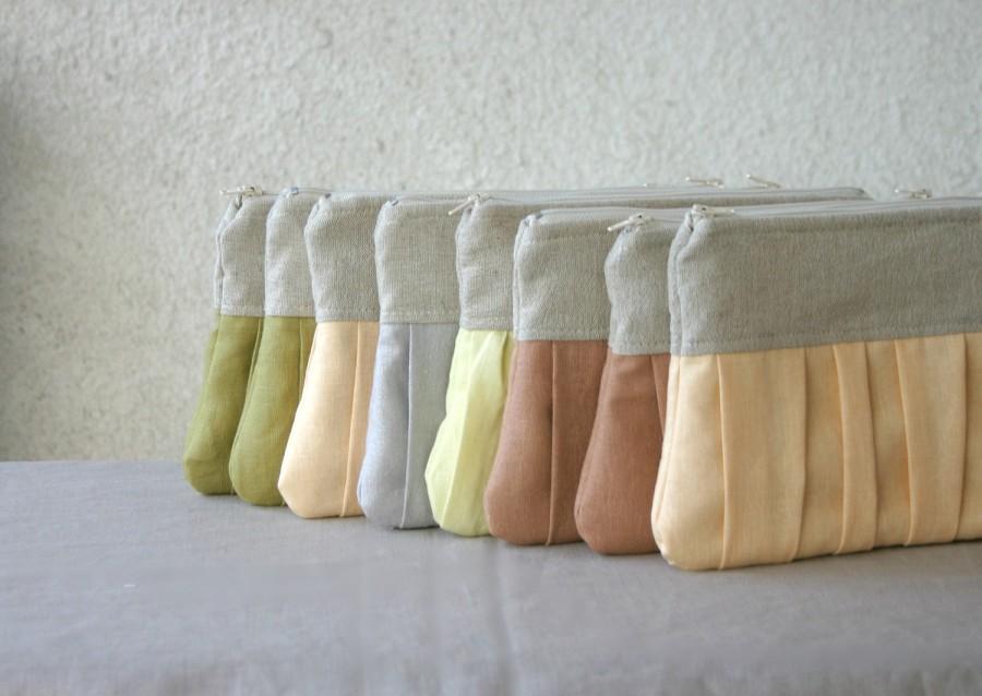 Mariage - SET of 8 Bridal Ruched Rustic Bridesmaids Linen clutch, Pleated linen, choose your colour 