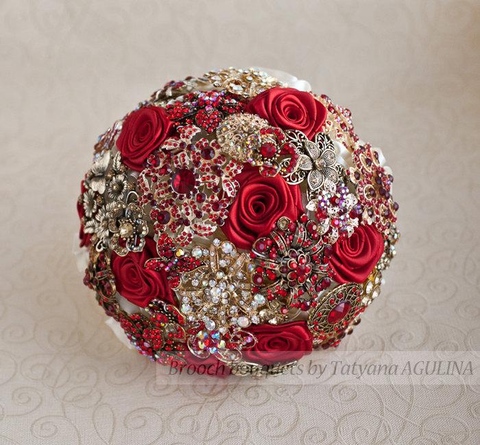 زفاف - Brooch bouquet. Gold and Red wedding brooch bouquet, Jeweled Bouquet. Made upon request
