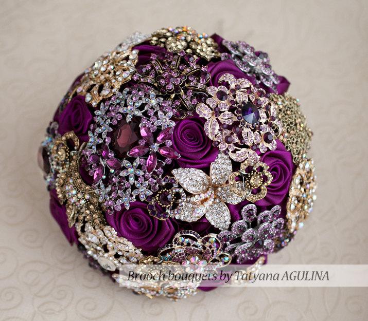 زفاف - Brooch bouquet. Purple and Gold  wedding brooch bouquet, Jeweled Bouquet.