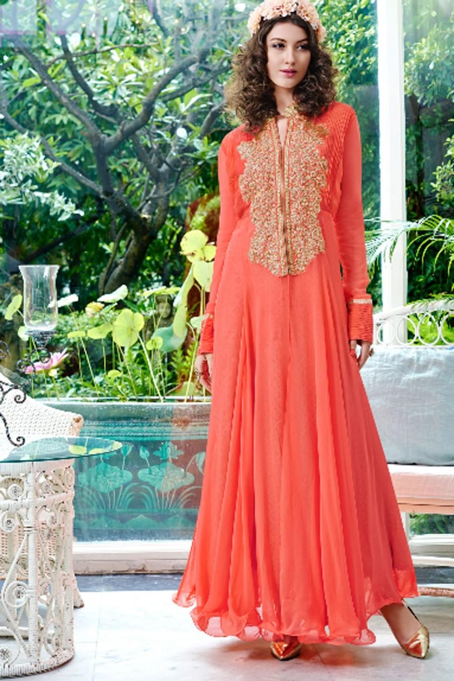 Wedding - Peach pure georgette floor length comely gown with chinese collar