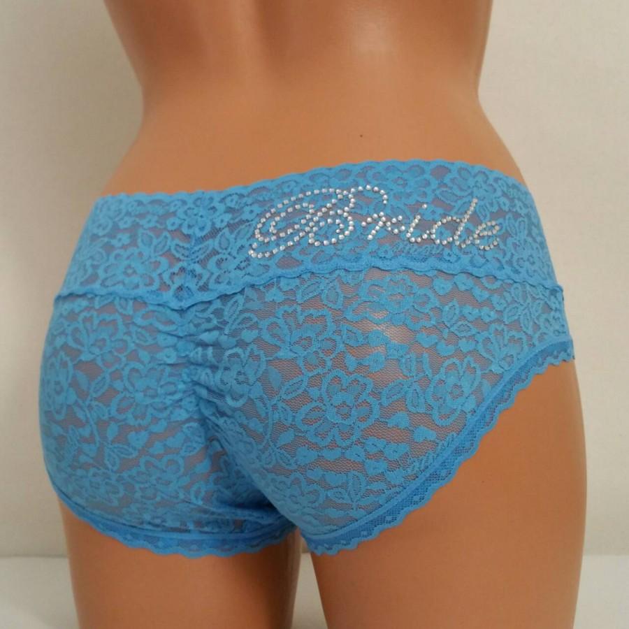 زفاف - Bridal panties: Blue Cutie Booty Bride - Customized Lace Hipster - Light Sapphire Blue - Sizes S-XXL