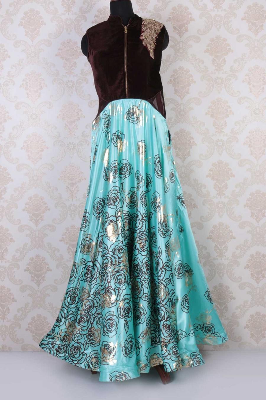 Mariage - Brown & blue velvet & satin silk sleeveless embroidered gown