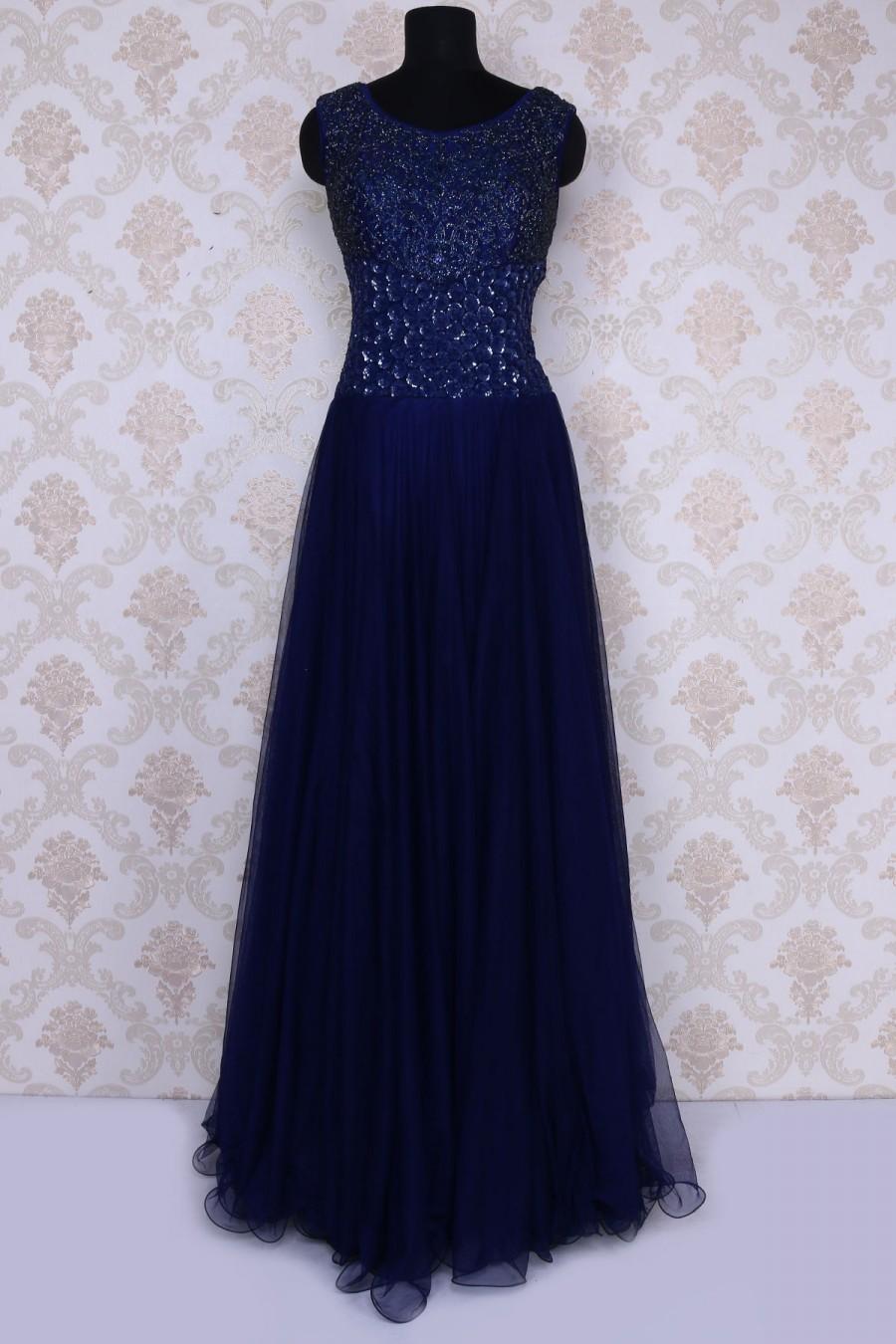 Mariage - Navy blue amazing sequins worked floor length net gown