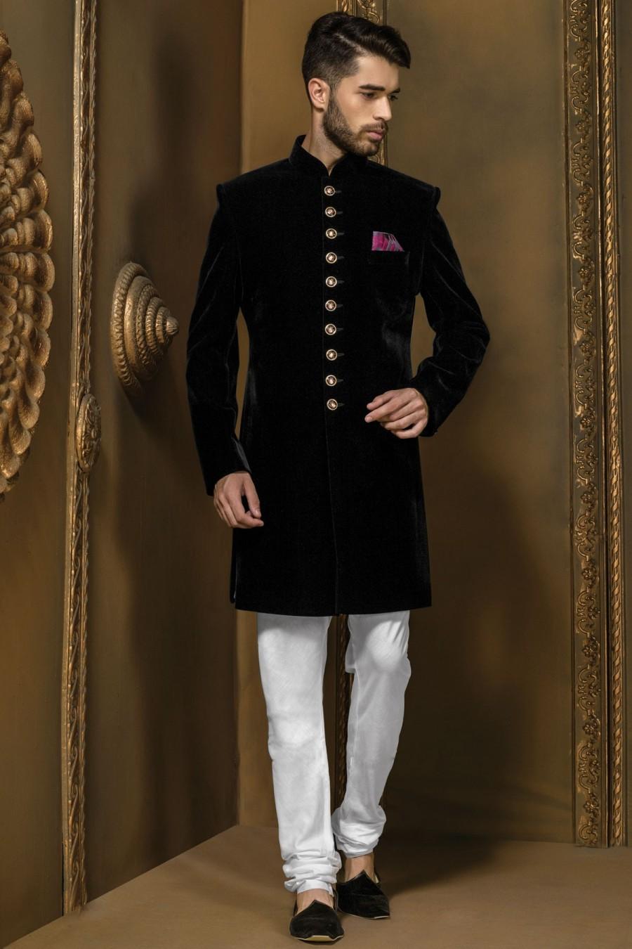 Wedding - Jet black velvet sophisticated jodhpuri bandh gala sherwani