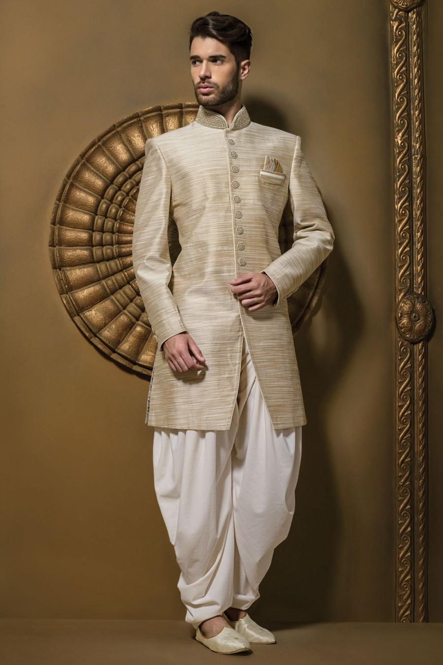 زفاف - Brown & cream jute silk resplendent jodhpuri sherwani