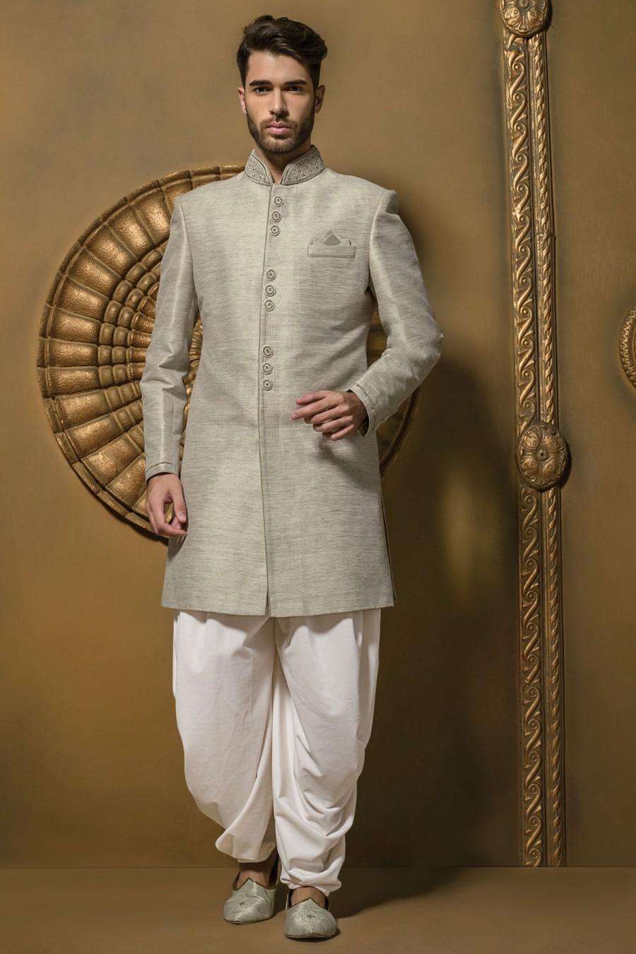 Wedding - Metallic light grey admirable jute silk jodhpuri sherwani