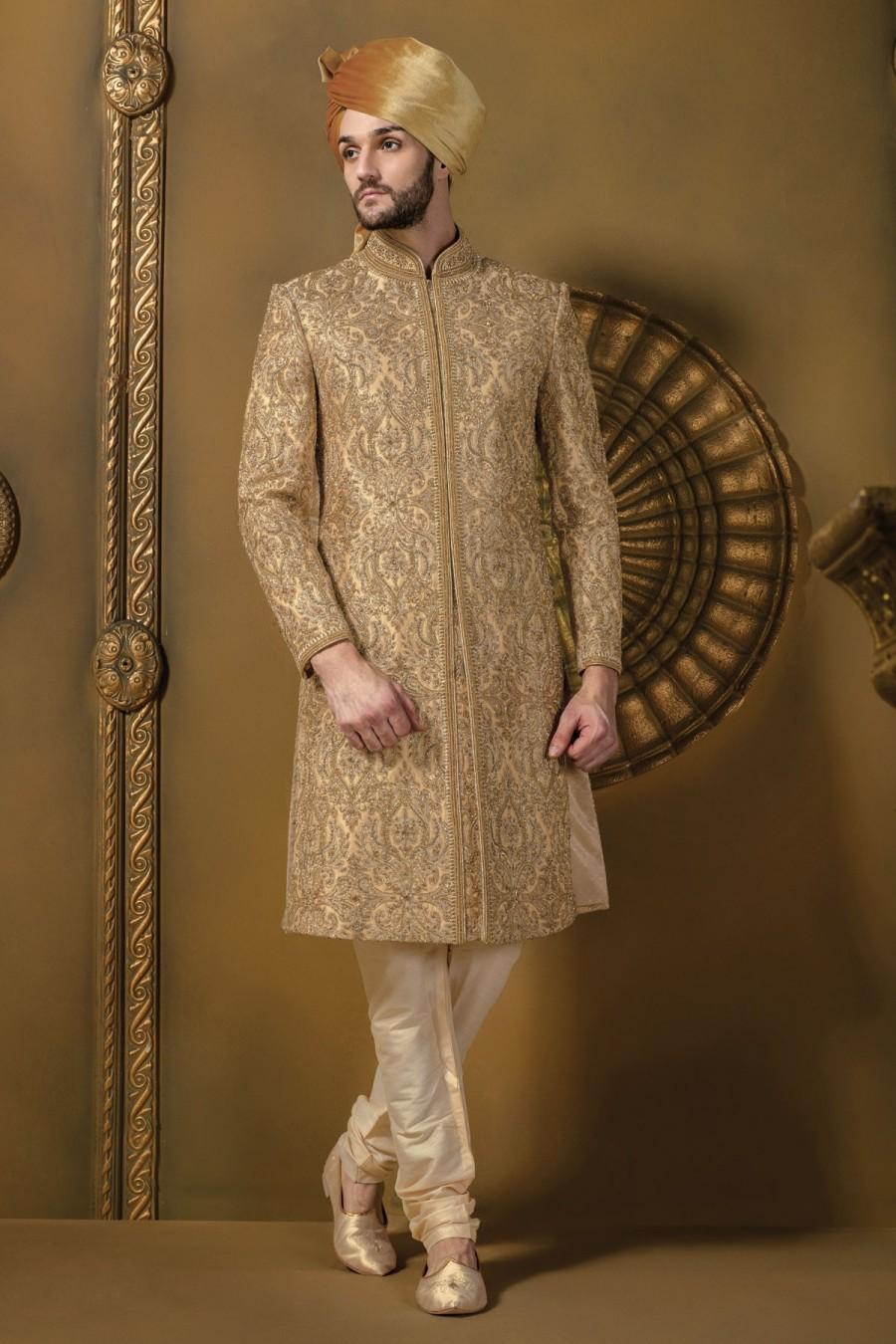 Mariage - Beige & gold silk jodhpuri stunning sherwani