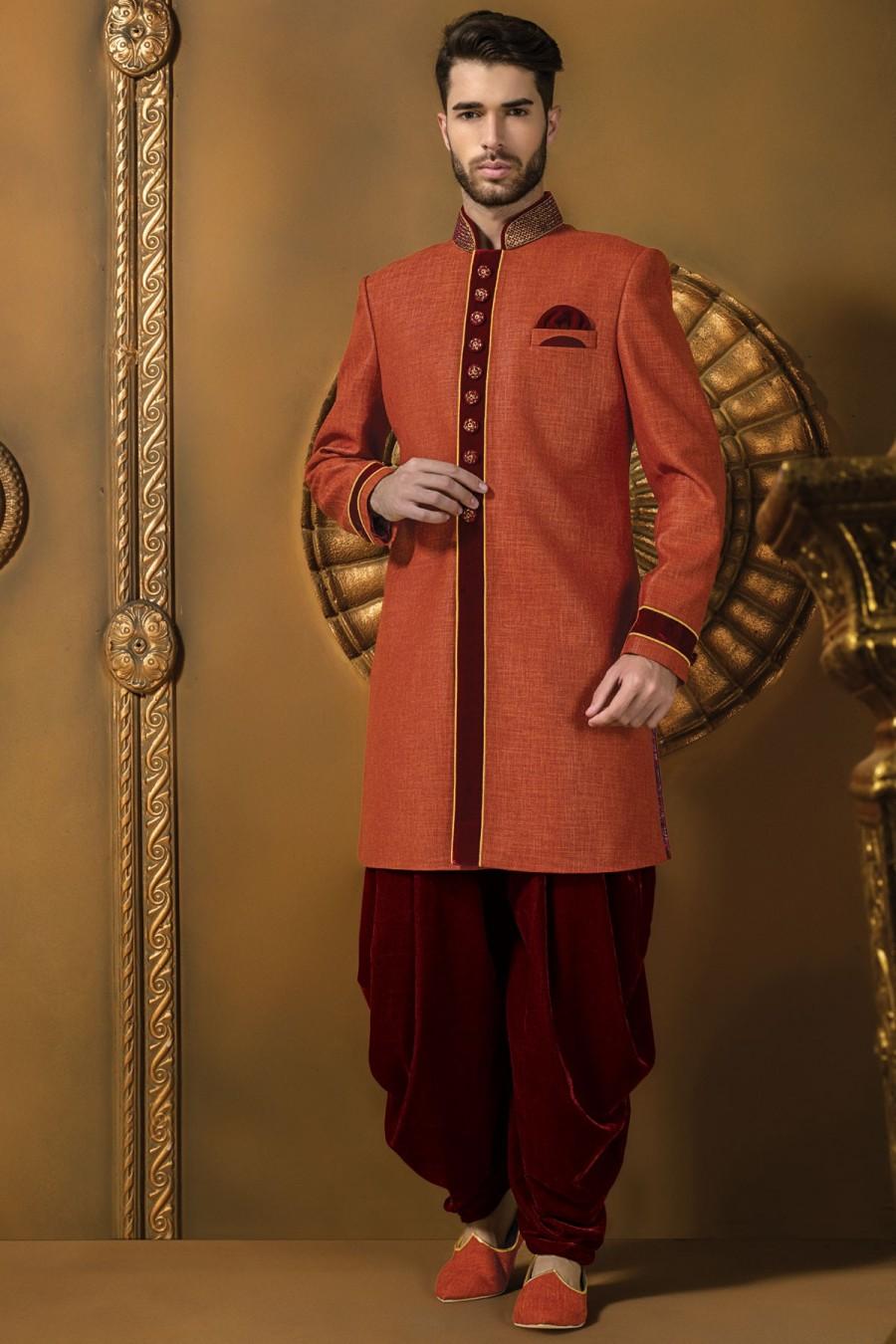 Wedding - Peach jute silk radiant sherwani with maroon dhoti pants