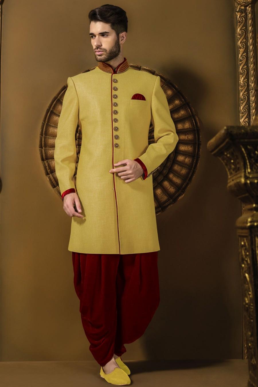 Wedding - Lemon yellow jute silk jodhpuri alluring sherwani with bright red dhoti pants