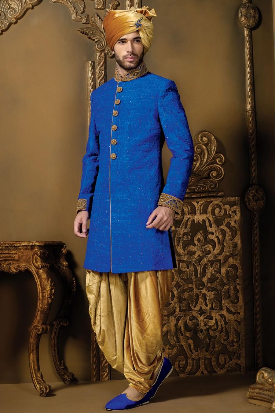 Hochzeit - Royal blue & gold self embossed silk suave sherwani