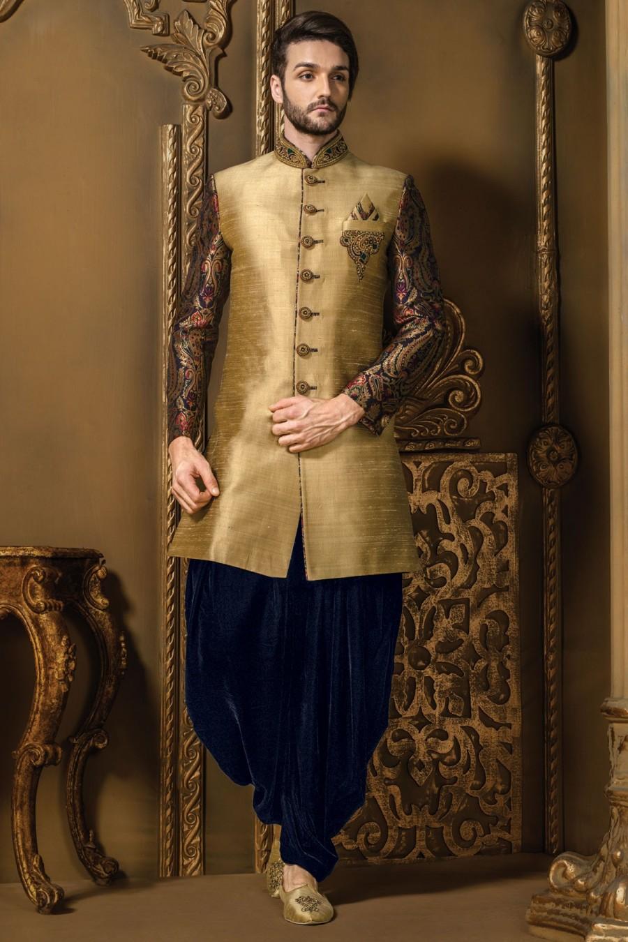 Свадьба - Gold multicoloured raw silk & brocade fashionable sherwani