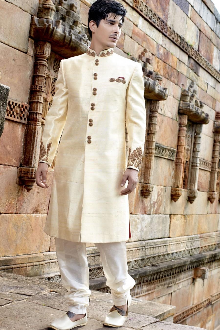 Wedding - Cream & gold banarasi silk stunning jodhpuri bandh gala sherwani