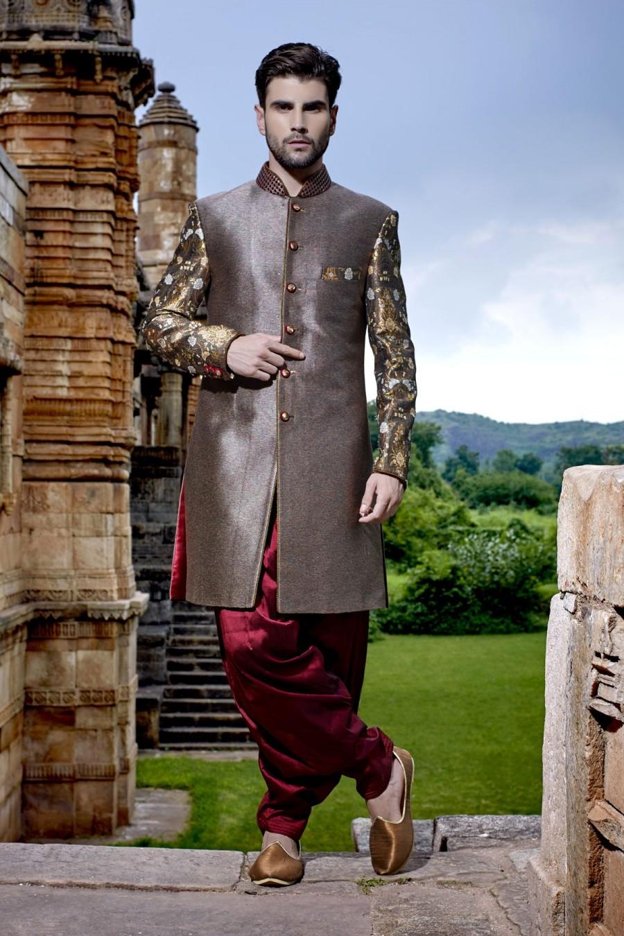 زفاف - Metallic steel grey multicoloured banarasi silk & brocade jodpuri bandh gala sherwani