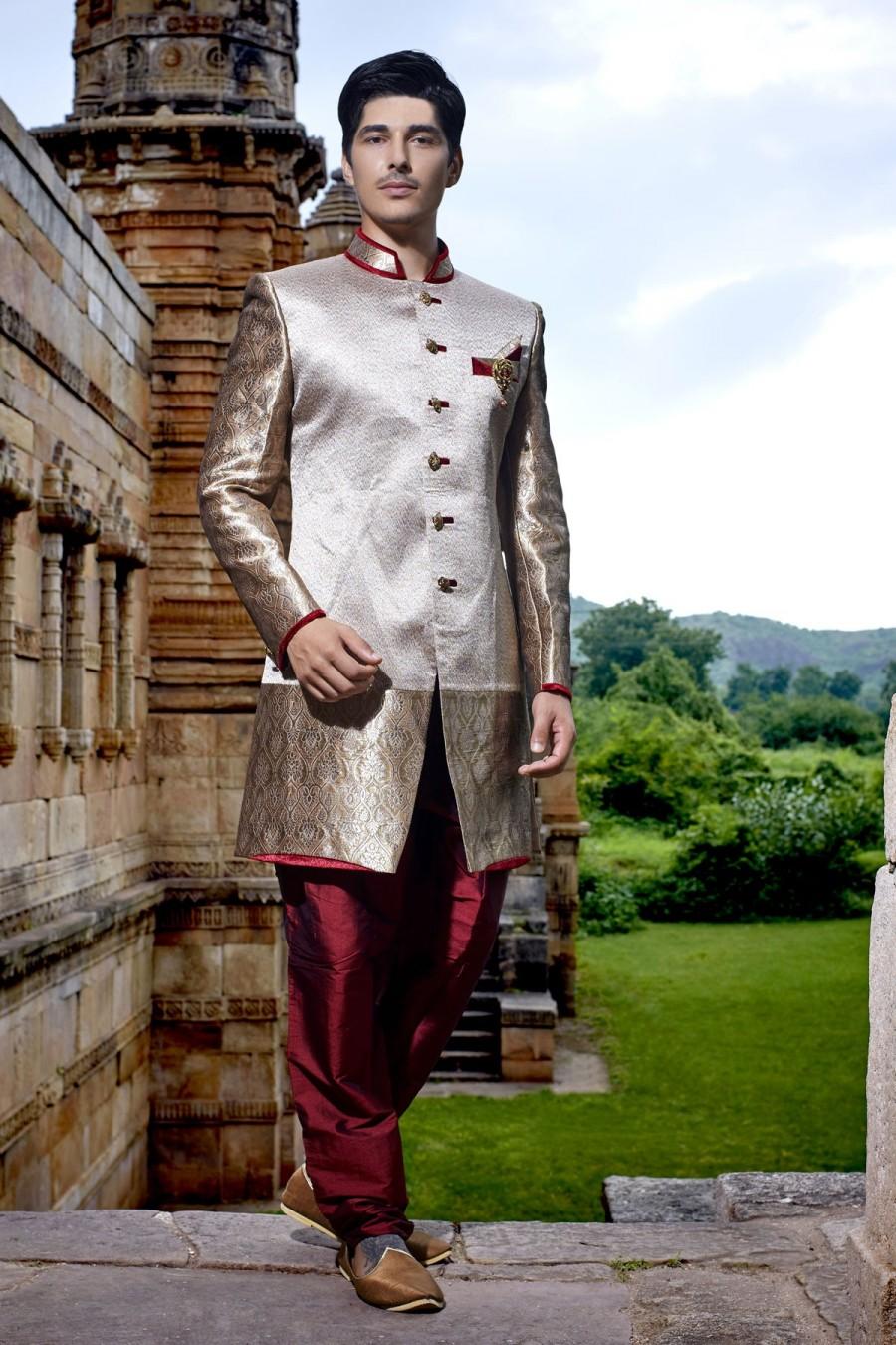 Mariage - Antique gold & silver with maroon khinkwab & banarasi silk jodhpuri bandh gala sherwani