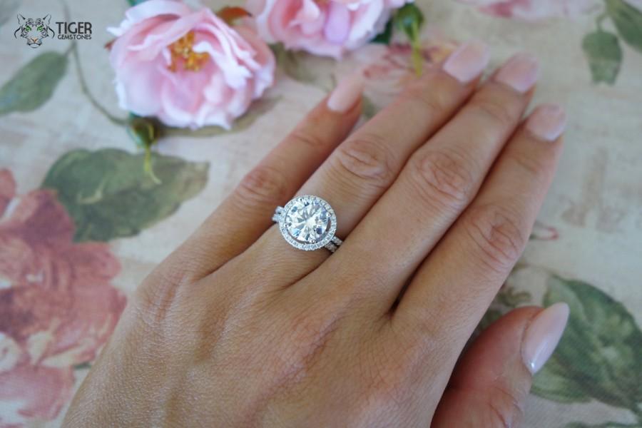زفاف - 3.25 ctw, Classic Halo Wedding Set, Bridal Rings, Flawlessm Man Made Diamond Simulants, Engagement Rings, Wedding Ring, Sterling Silver