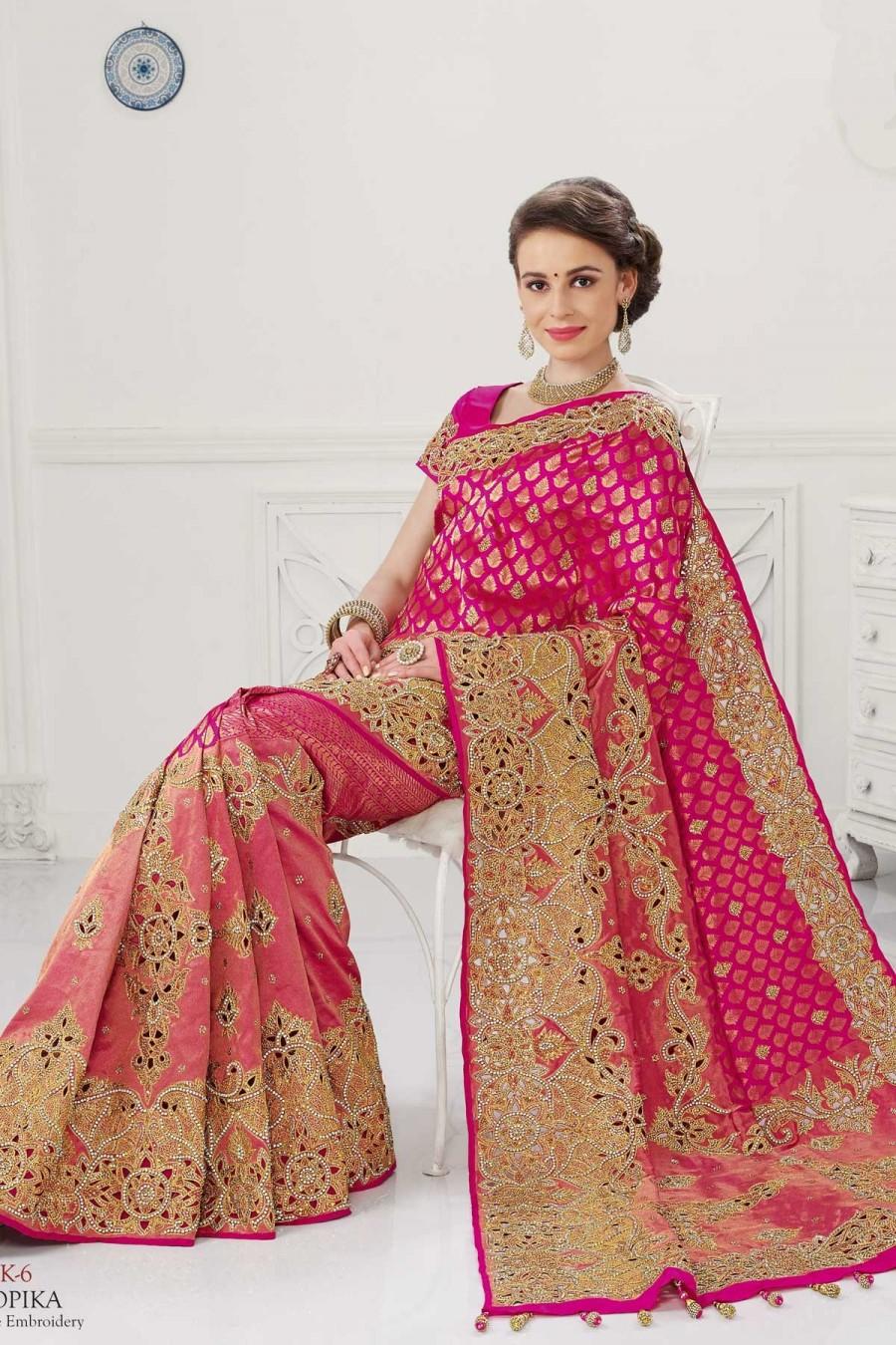 Wedding - Pink pure silk zari weaved marvellous saree with gold border