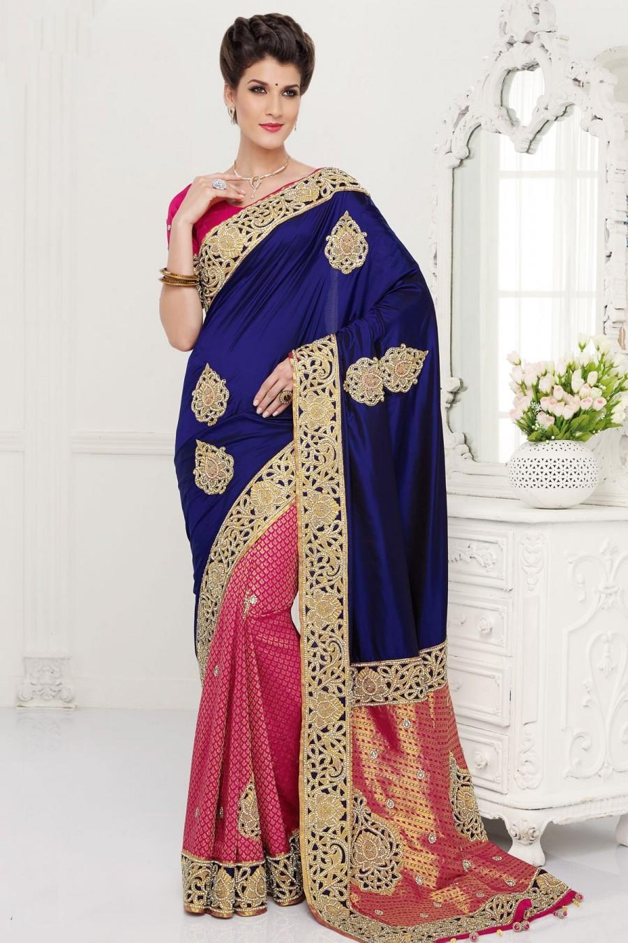 Wedding - Blue pure silk zari weaved & stone embroidered saree with gold border