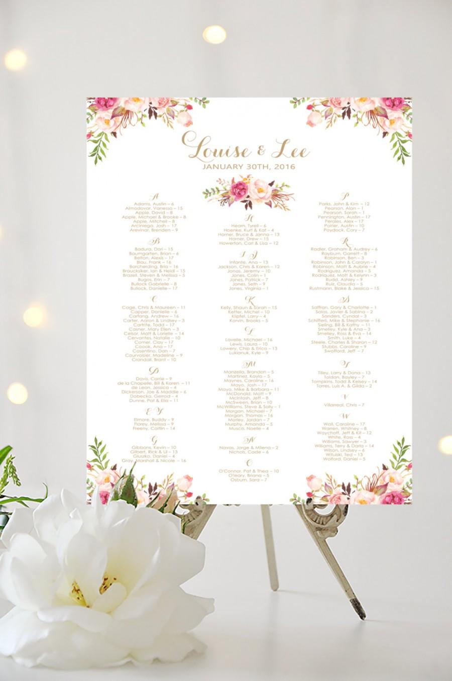 زفاف - Wedding Seating Chart - Alphabetical - Large Poster - Romantic Blooms - Gold Script - I Create and You Print