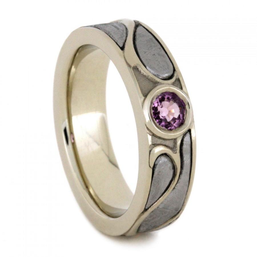 Hochzeit - Pink Sapphire Engagement Ring With Meteorite, 14k White Gold Womens Wedding Band, Art Nouveau Ring