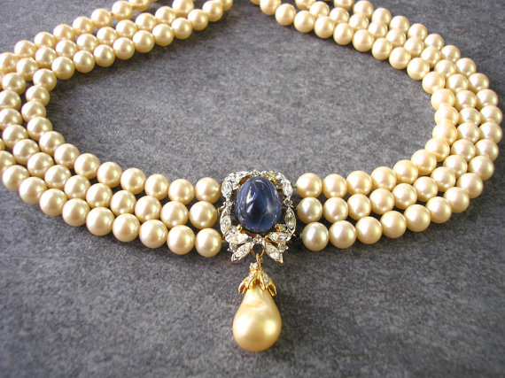 زفاف - Sapphire Pearl Bridal Choker, Great Gatsby Jewelry, Pearl Necklace, Pearl And Rhinestone Collar, Vintage Necklace, Art Deco, Bridal Jewelry