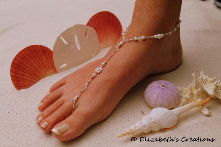 زفاف - Barefoot Sandal - Simply Elegant   Swarovski Crystals, White Pearls and Silver Beads