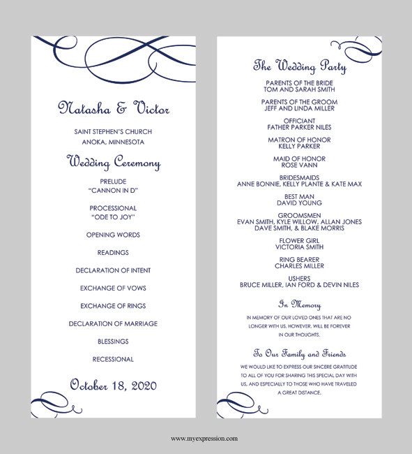 Hochzeit - Wedding Program Template – Tea Length - Calligraphic Flourish (Navy Blue) - Instant Download - Editable MS Word File