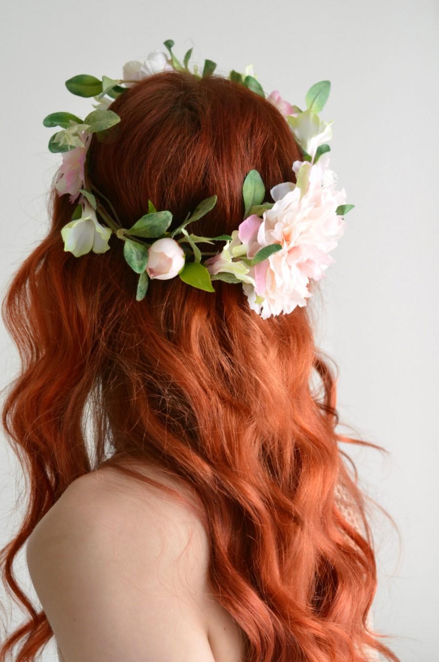 Mariage - Leafy flower crown, hair wreath, pink floral crown, woodland crown, circlet, bridal headpiece, wedding hairpiece, hair accessories - Fleur