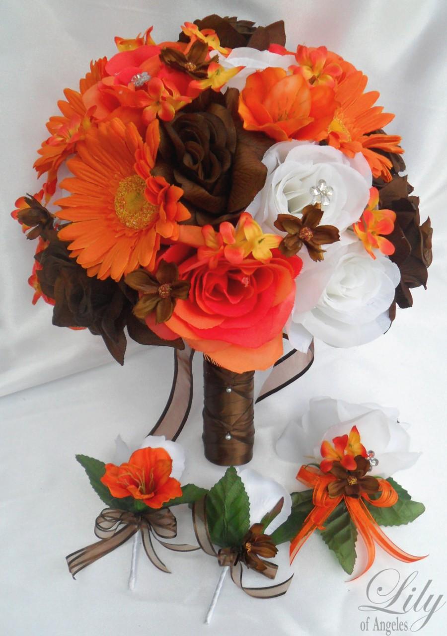 Wedding - 17 Piece Package Wedding Bridal Bride Maid Of Honor Bridesmaid Bouquet Boutonniere Corsage Silk Flower WHITE ORANGE BROWN "Lily Of Angeles"