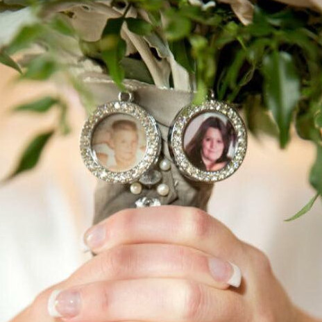 زفاف - 2 Wedding Bouquet charms  - Photo Pendants charms for family photo Rhinestone Double sided