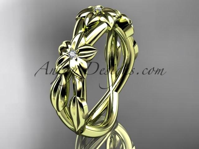 Свадьба - 14kt yellow gold diamond leaf wedding ring, engagement ring, wedding band ADLR204B