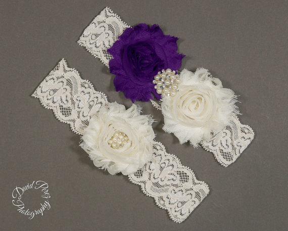 Mariage - Wedding Garters Purple  Bridal Garter Purple Lace Garters Set Vintage Garter Leg Garter Thigh Garter Purple and Ivory Garter Set Ivory Lace