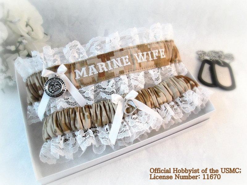 Hochzeit - Military Wedding Garter set - Marine Corps Bridal Garters - Marine Corps Personalized Garters.