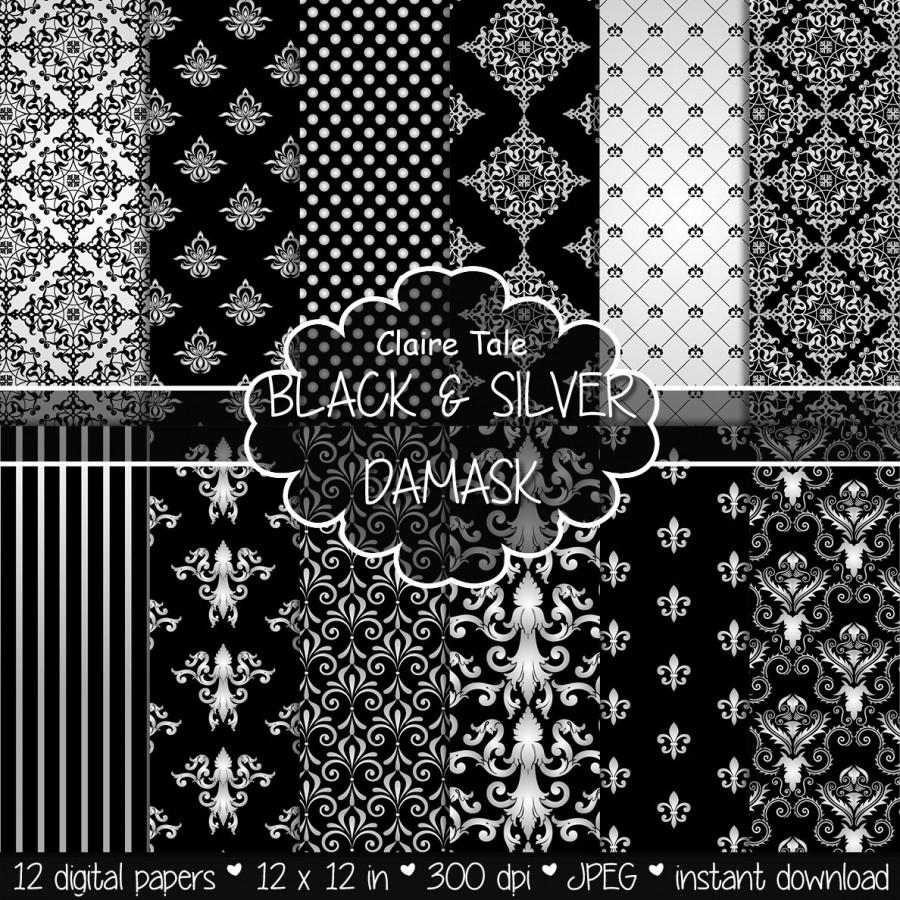 Wedding - Damask digital paper: "BLACK & SILVER DAMASK" with silver and black damask backgrounds and classical damask patterns