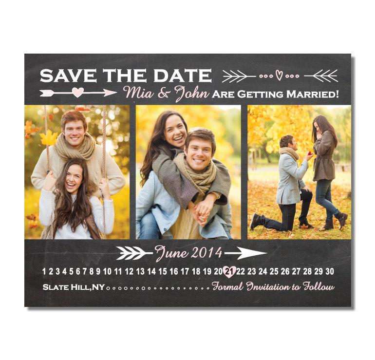 Wedding - Chalkboard 3 Photo Save The Date Magnet or Card DIY PRINTABLE Digital File or Print (extra)