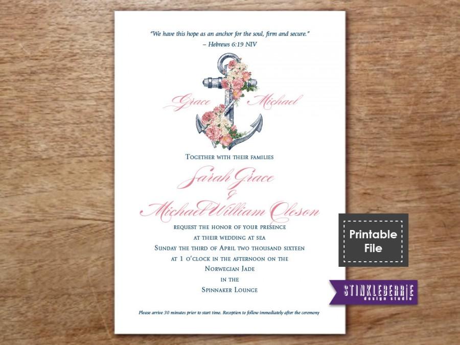 Wedding - Nautical Wedding Invitation, Printable Wedding Invitations, Pink Floral Anchor, Garden Invite, Print at Home