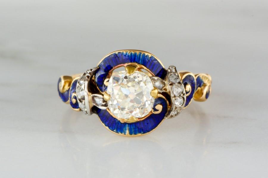 Mariage - 1.25 Carat Old Mine Cushion Cut Diamond in Rare High-Victorian Engagement or Cocktail Ring with Ceylon Blue Enamel and Diamond Accents R931