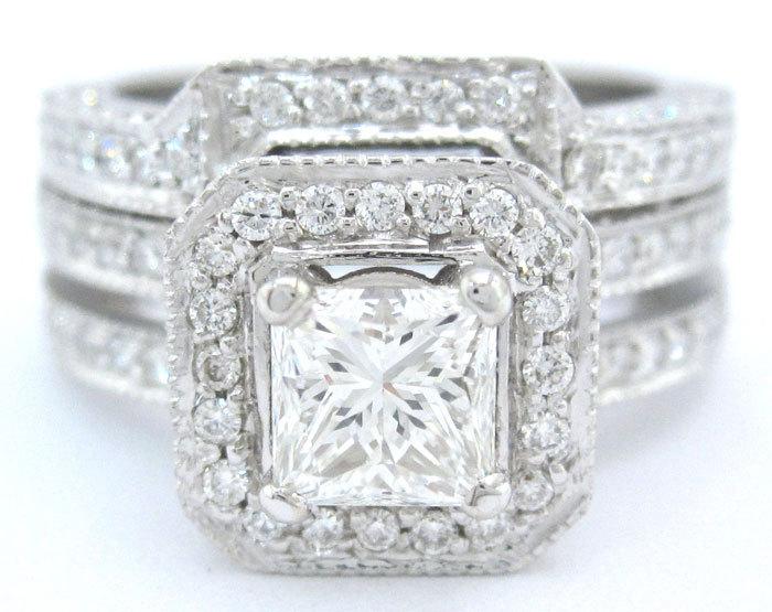 Wedding - Princess cut diamond engagement ring and band art deco 14k white gold 1.55ctw