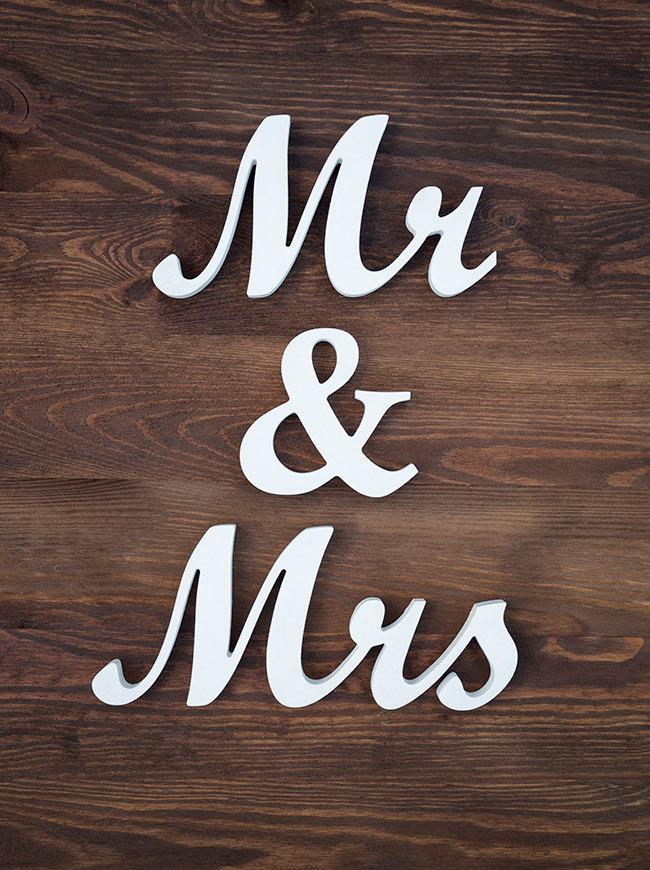 زفاف - Mr and Mrs wedding sign wooden script letters white decor rustic freestanding sweetheart table custom colors DIY