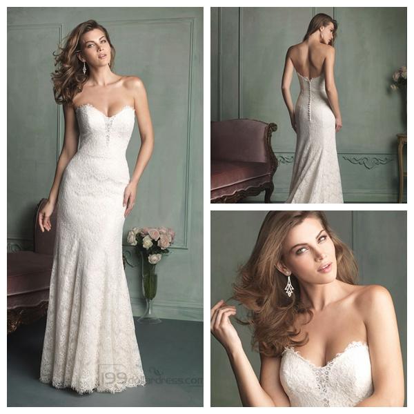 Hochzeit - Simple Strapless Sweetheart Floor Length Lace Wedding Dresses