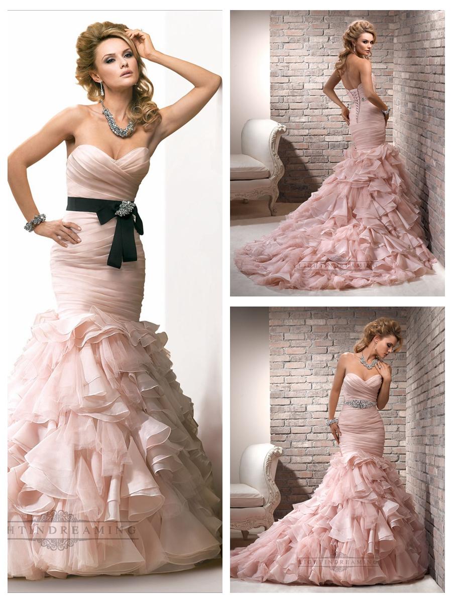 Wedding - Organza Pink Ruched Sweetheart Wedding Dresses with Mermaid Layered Skirt