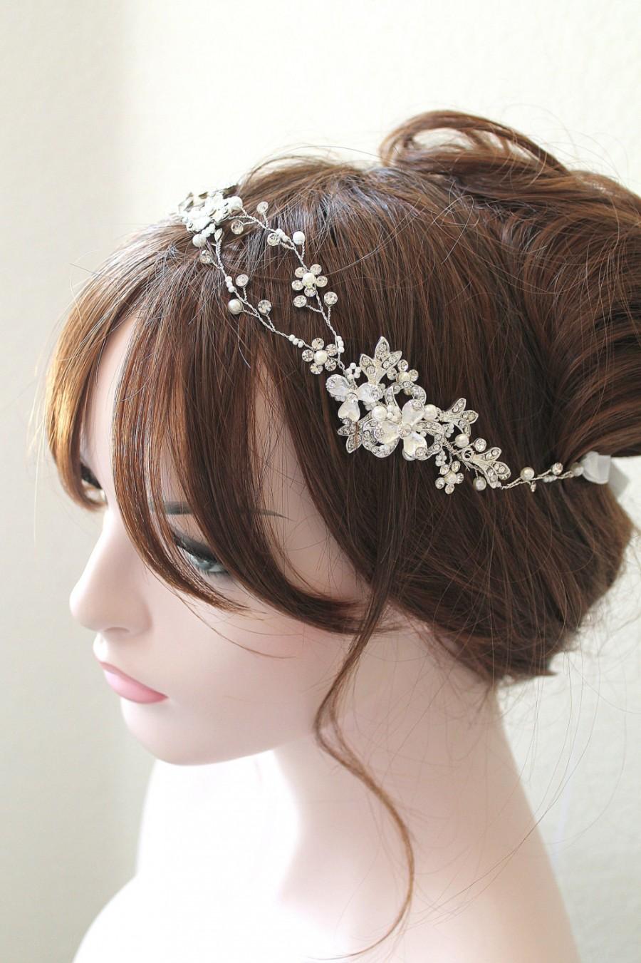 زفاف - Silver Leaf Vine Bridal Headpiece. Boho Delicate Crystal Pearl Wedding Wreath Headband. Gold Rhinestone Floral Hairpiece. TEREZ