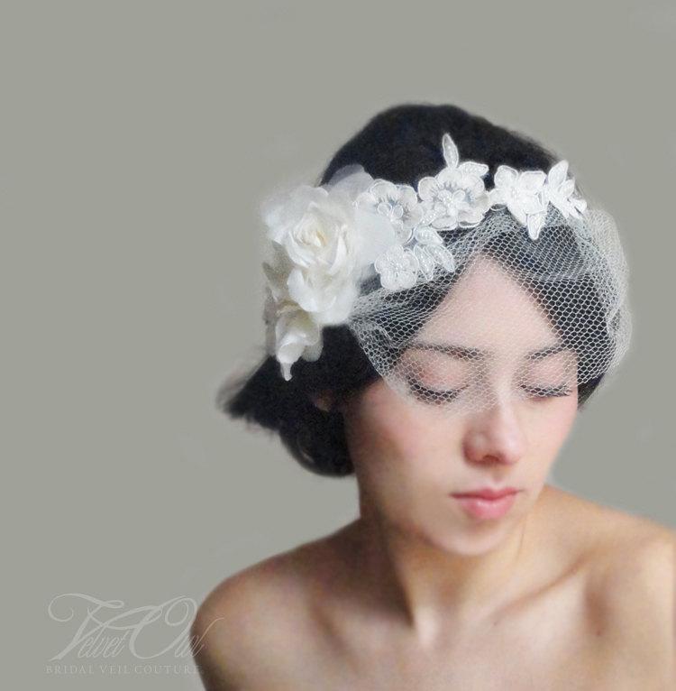 Hochzeit - bridal clip or comb half halo lace crown silk rose headpiece with detachable mini tulle bandeau veil - EMMELINE