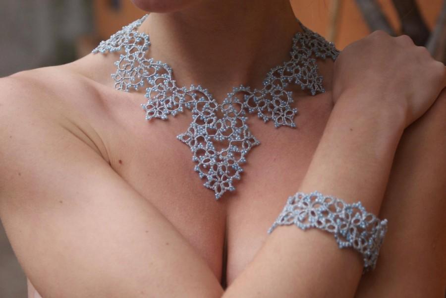 زفاف - Silver jewelry set, Bridal Set Crochet Tatting/ necklace, bracelet and earrings, lace jewelry