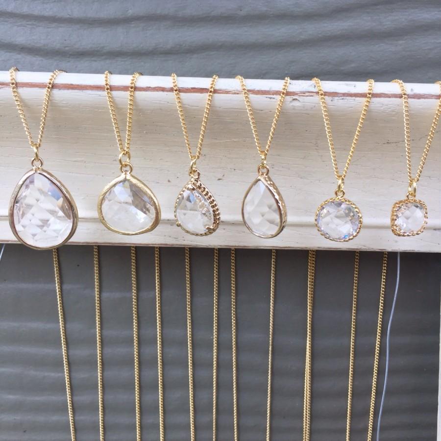 Wedding - Bridesmaid necklace set of 6, crystal and gold necklace, bridesmaid jewelry