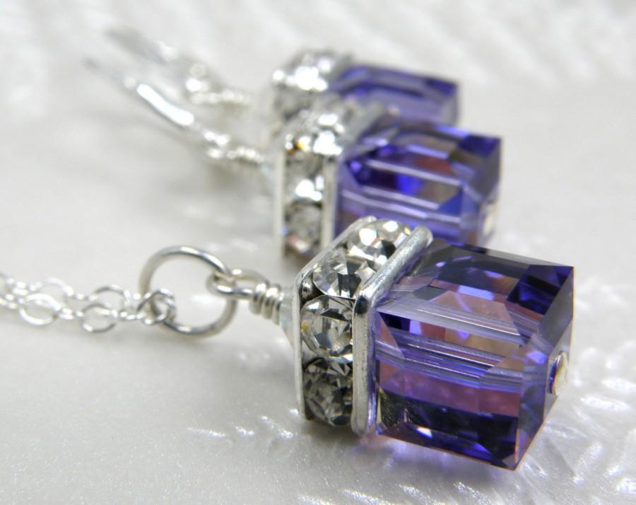 زفاف - Tanzanite Crystal Jewelry Set, Bridesmaid Purple Wedding Gift, Bridesmaids Necklace Earrings, Violet Swarovski Crystal Set Sterling Silver